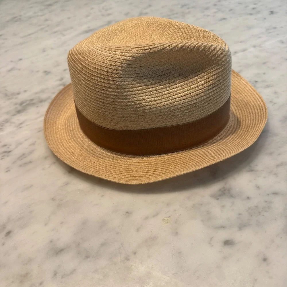 Biltmore Hats Mens Tan Straw Fedora Hat Size 7 56 Made in USA Brown Band Bow
